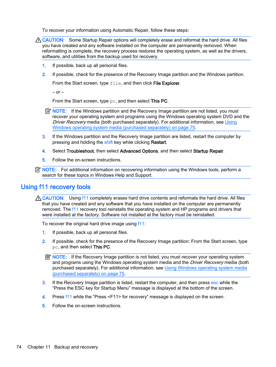 Using f11 recovery tools | HP EliteBook 755 G2 Notebook PC User Manual | Page 84 / 106