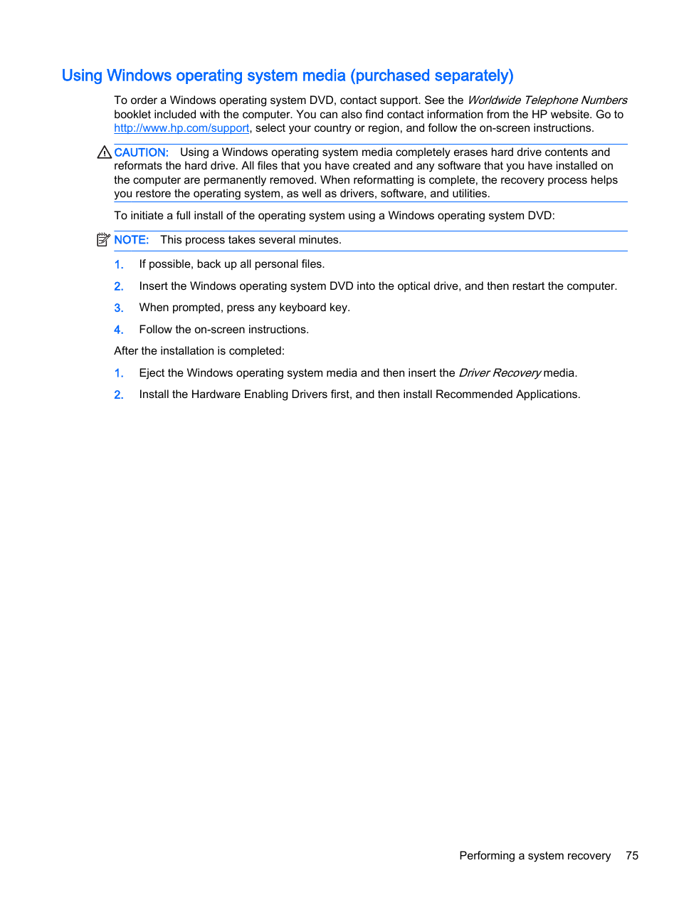 Using, Using windows operating system media | HP EliteBook 755 G2 Notebook PC User Manual | Page 85 / 106