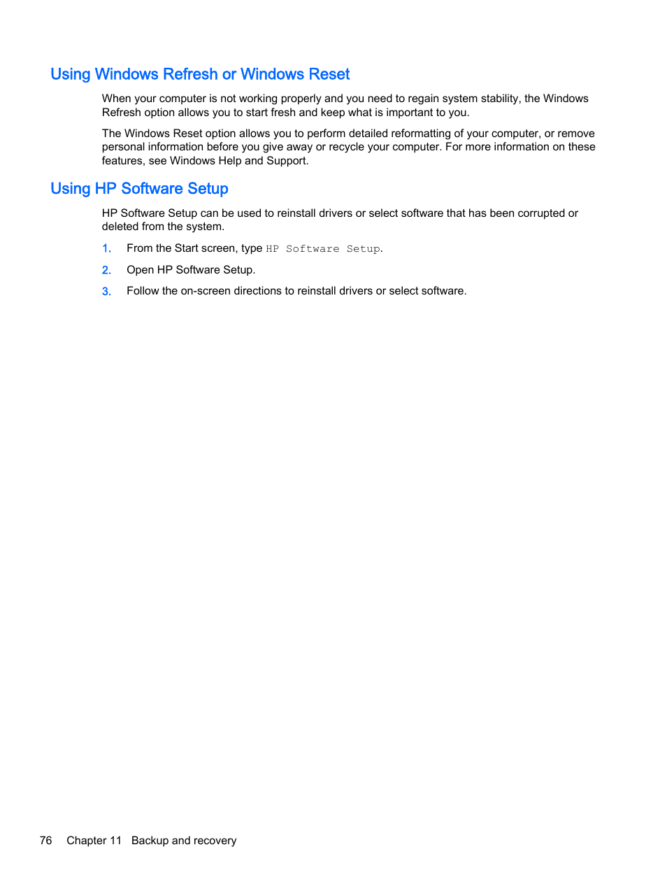 Using windows refresh or windows reset, Using hp software setup | HP EliteBook 755 G2 Notebook PC User Manual | Page 86 / 106