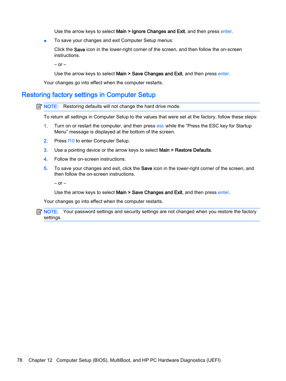 Restoring factory settings in computer setup | HP EliteBook 755 G2 Notebook PC User Manual | Page 88 / 106