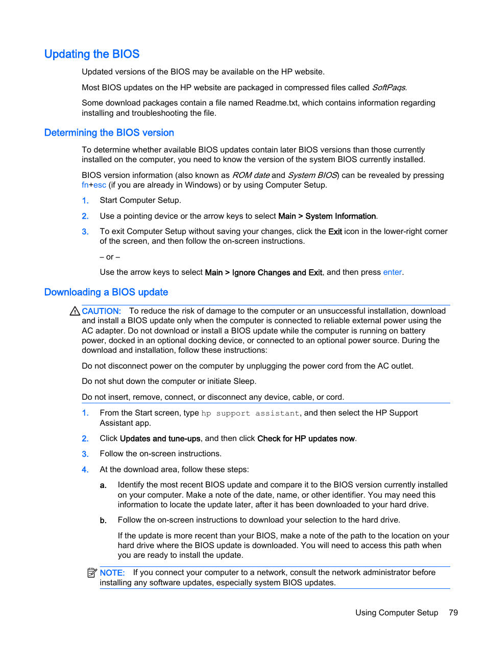 Updating the bios, Determining the bios version, Downloading a bios update | Bios version, and update the bios if needed. see | HP EliteBook 755 G2 Notebook PC User Manual | Page 89 / 106