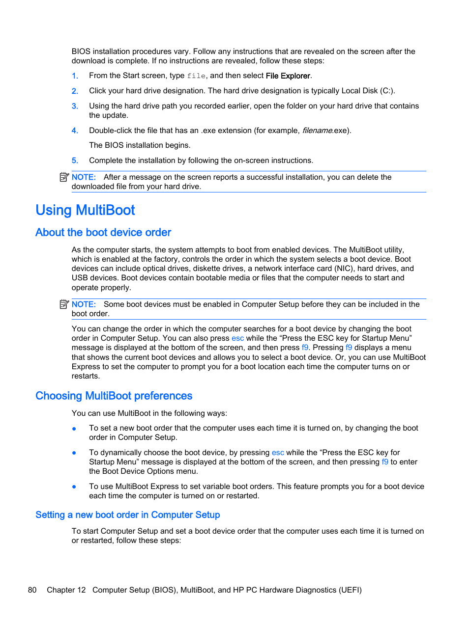 Using multiboot, About the boot device order, Choosing multiboot preferences | Setting a new boot order in computer setup | HP EliteBook 755 G2 Notebook PC User Manual | Page 90 / 106