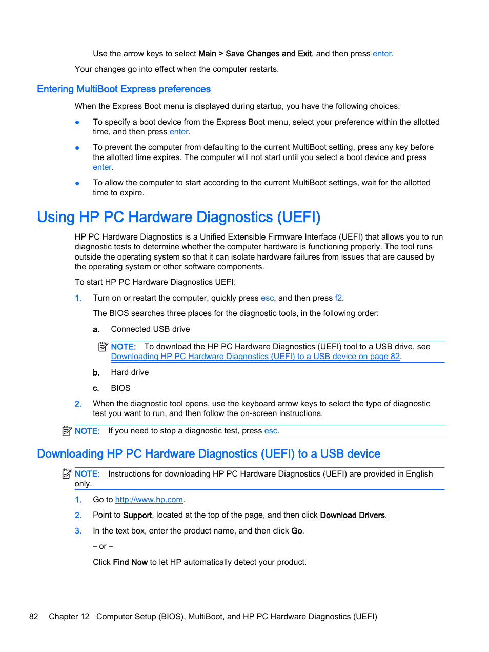 Entering multiboot express preferences, Using hp pc hardware diagnostics (uefi) | HP EliteBook 755 G2 Notebook PC User Manual | Page 92 / 106