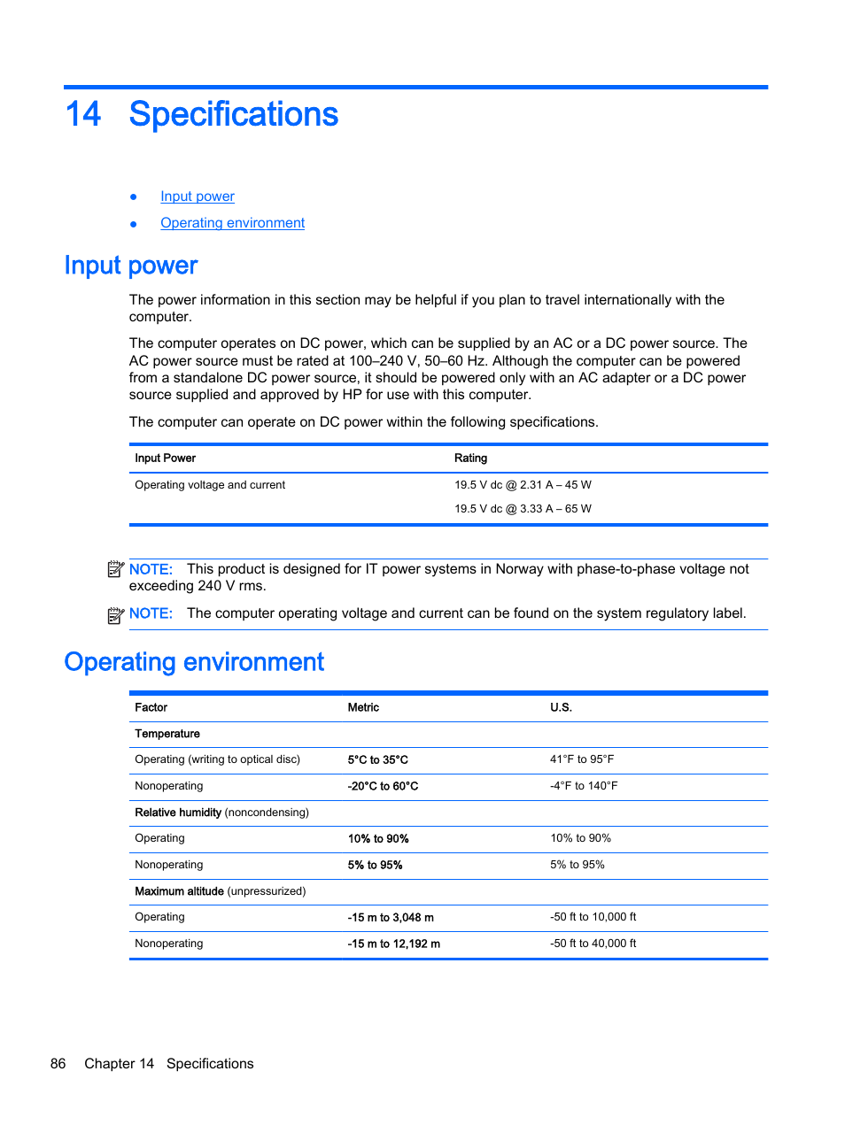 Specifications, Input power, Operating environment | 14 specifications, Input power operating environment | HP EliteBook 755 G2 Notebook PC User Manual | Page 96 / 106