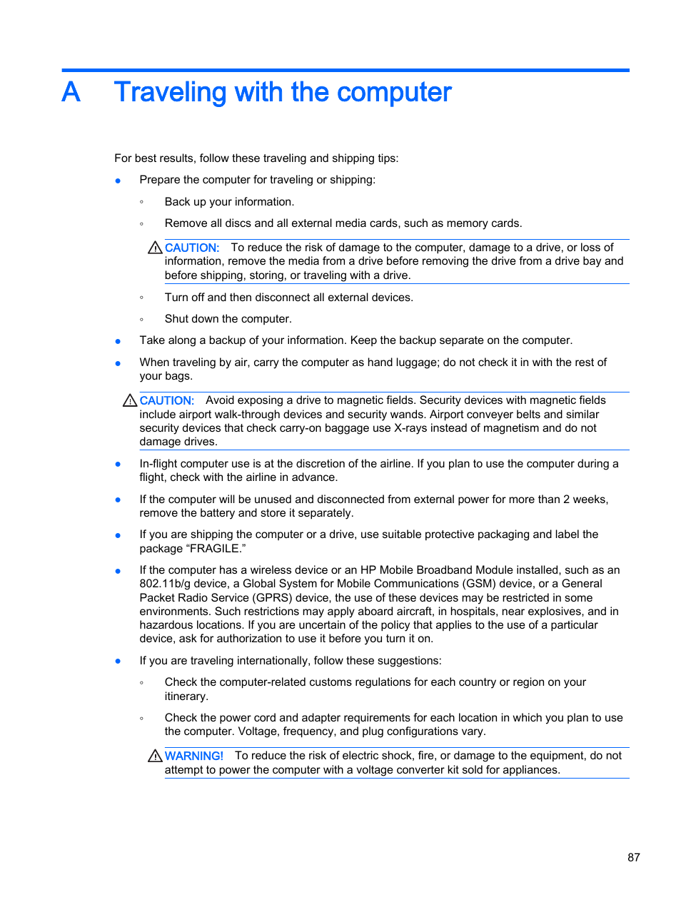 Traveling with the computer, Appendix a traveling with the computer, A traveling with the computer | HP EliteBook 755 G2 Notebook PC User Manual | Page 97 / 106
