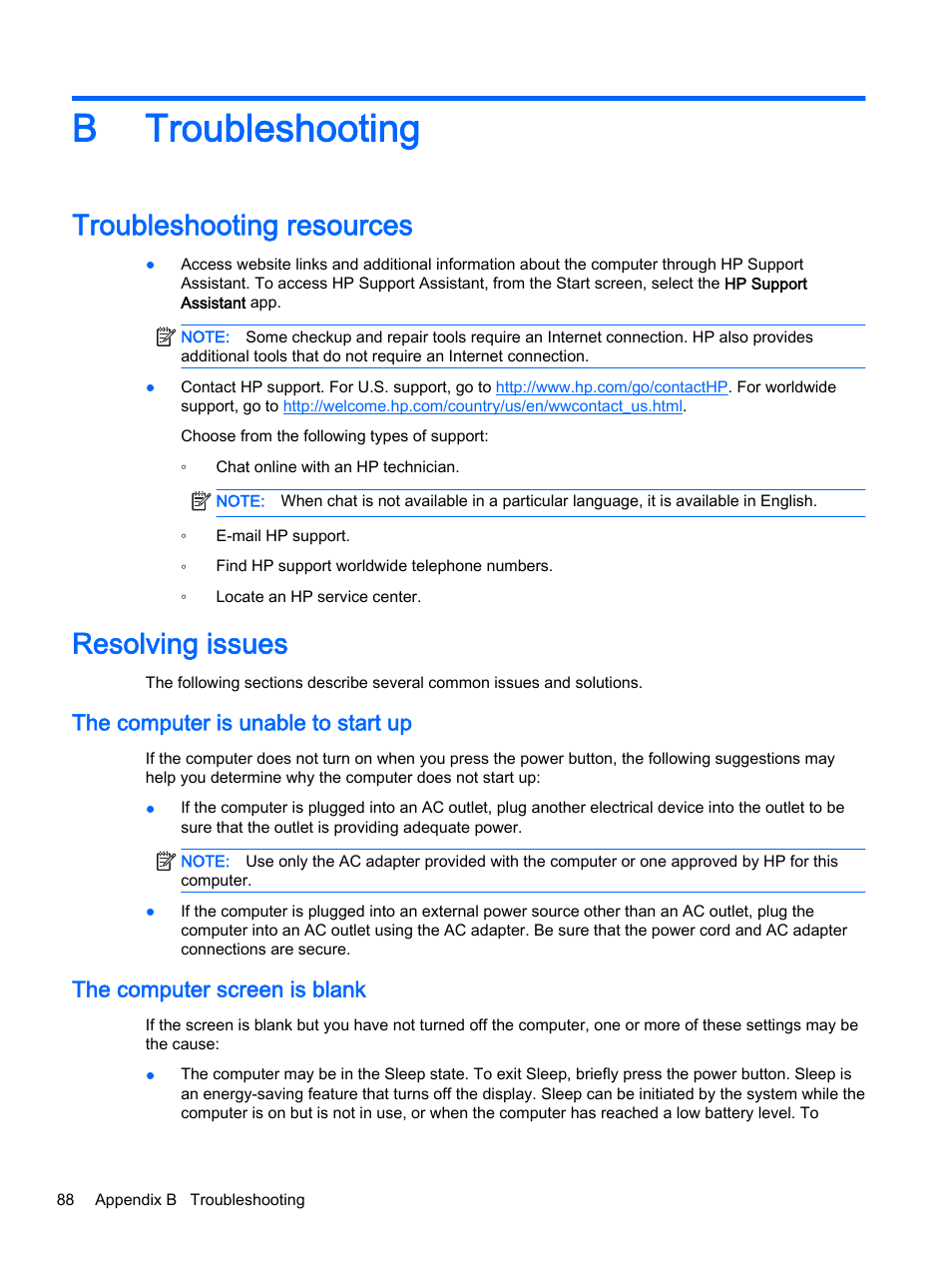 Troubleshooting, Troubleshooting resources, Resolving issues | The computer is unable to start up, The computer screen is blank, Appendix b troubleshooting, Troubleshooting resources resolving issues, B troubleshooting | HP EliteBook 755 G2 Notebook PC User Manual | Page 98 / 106