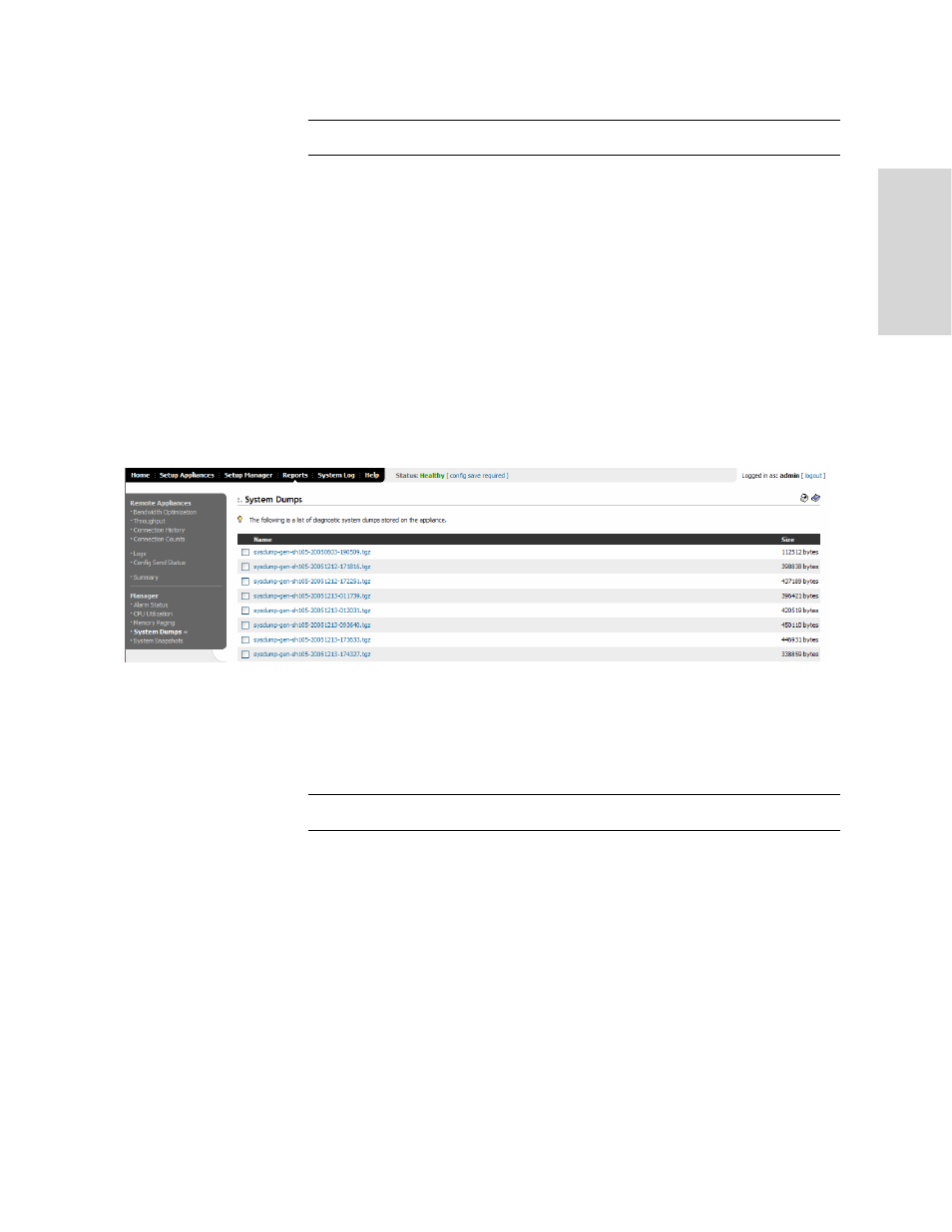 Displaying the system dumps files report, Displaying the hp efs wan accelerator manager, System snapshots report | HP StorageWorks Enterprise File Services WAN Accelerator User Manual | Page 157 / 230