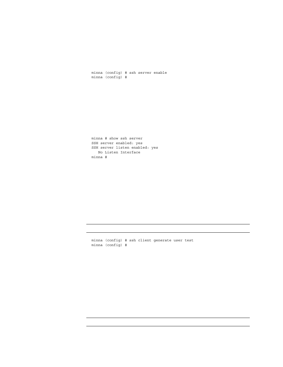 Show ssh server, Ssh client generate identity user, Ssh client user authorized-key rsakey sshv2 | HP StorageWorks Enterprise File Services WAN Accelerator User Manual | Page 168 / 230