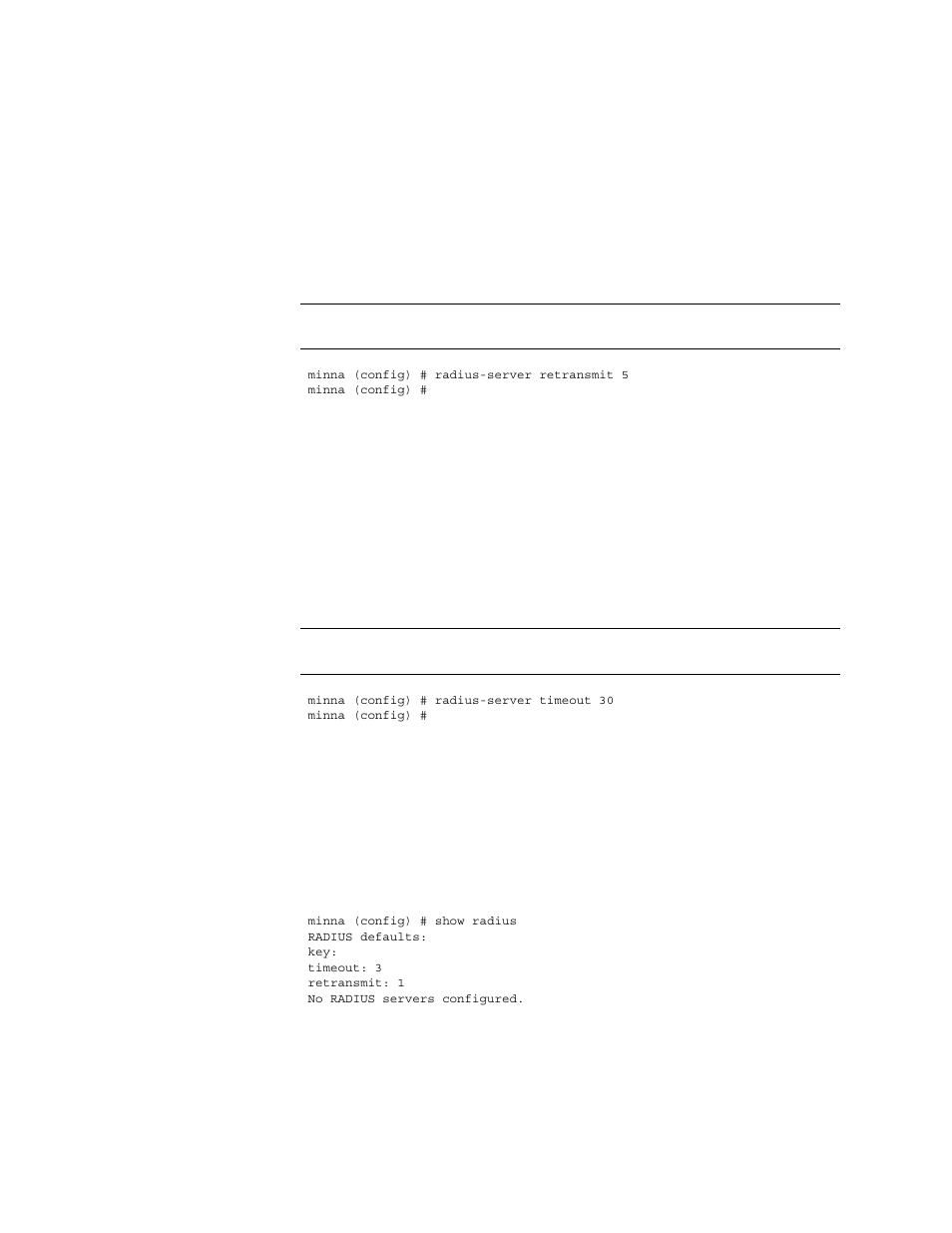 Radius-server retransmit, Radius-server timeout, Show radius | Show tacacs | HP StorageWorks Enterprise File Services WAN Accelerator User Manual | Page 196 / 230