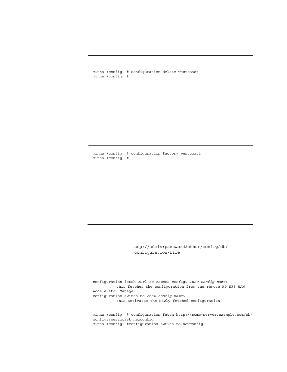 Configuration factory, Configuration fetch | HP StorageWorks Enterprise File Services WAN Accelerator User Manual | Page 200 / 230