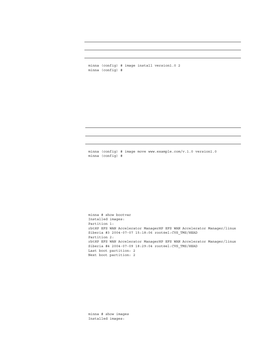 Image move, Show bootvar, Show images | HP StorageWorks Enterprise File Services WAN Accelerator User Manual | Page 208 / 230