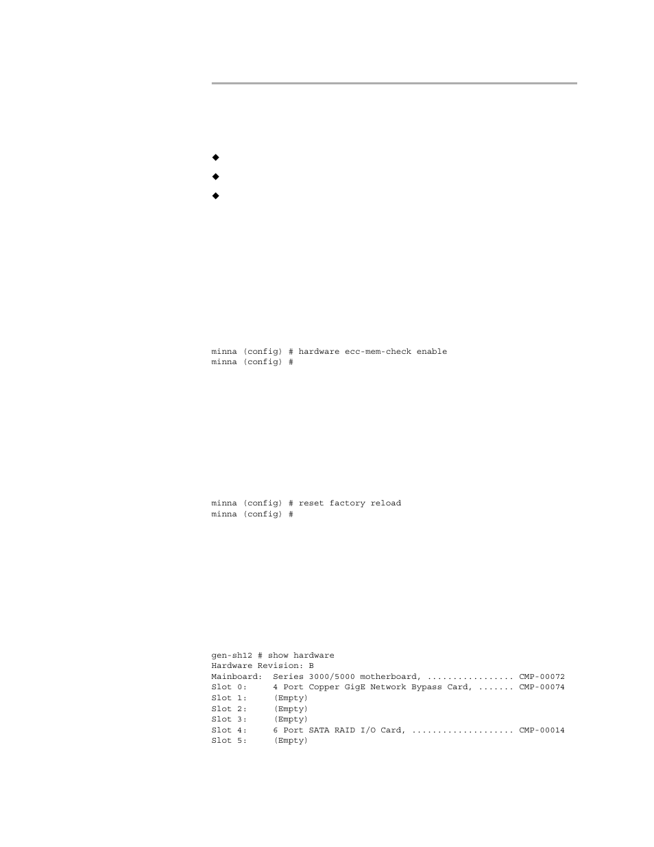 Hardware commands, Hardware ecc-mem-check enable, Reset factory reload | Show hardware | HP StorageWorks Enterprise File Services WAN Accelerator User Manual | Page 216 / 230