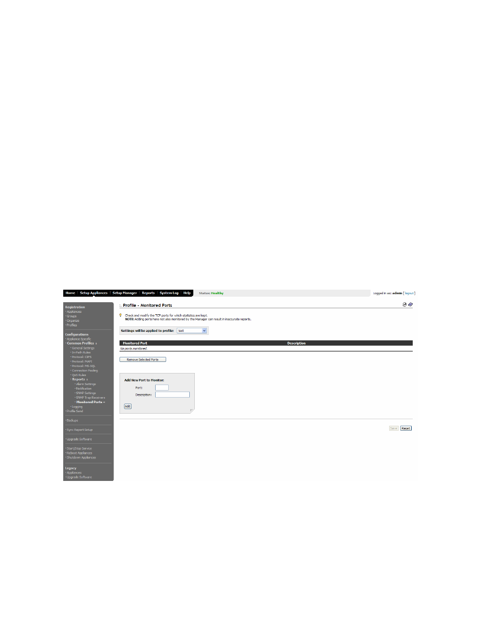 Setting monitored ports | HP StorageWorks Enterprise File Services WAN Accelerator User Manual | Page 60 / 230