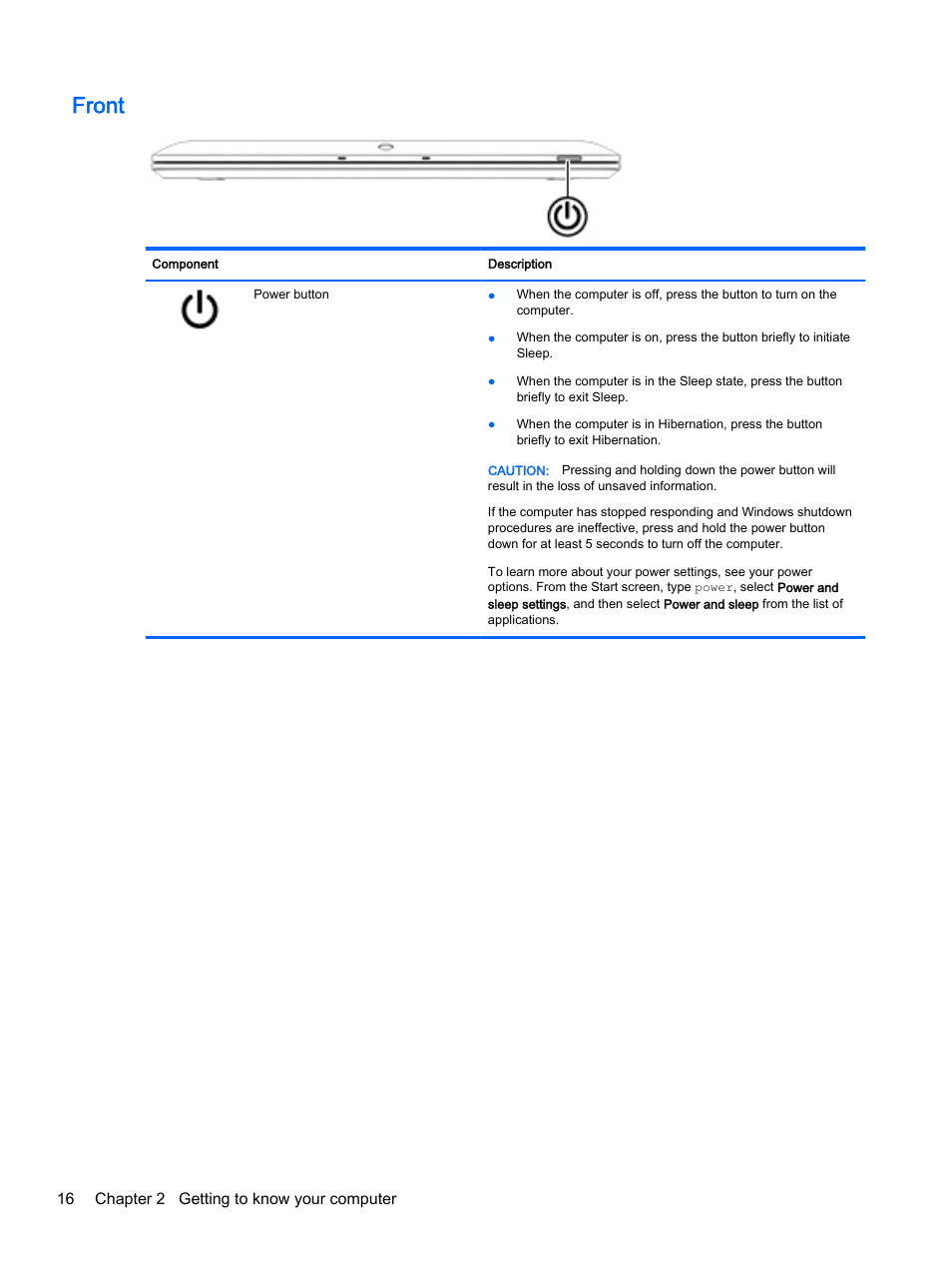 Front, 16 chapter 2 getting to know your computer | HP Pavilion 13-r010dx x2 Detachable PC User Manual | Page 26 / 84