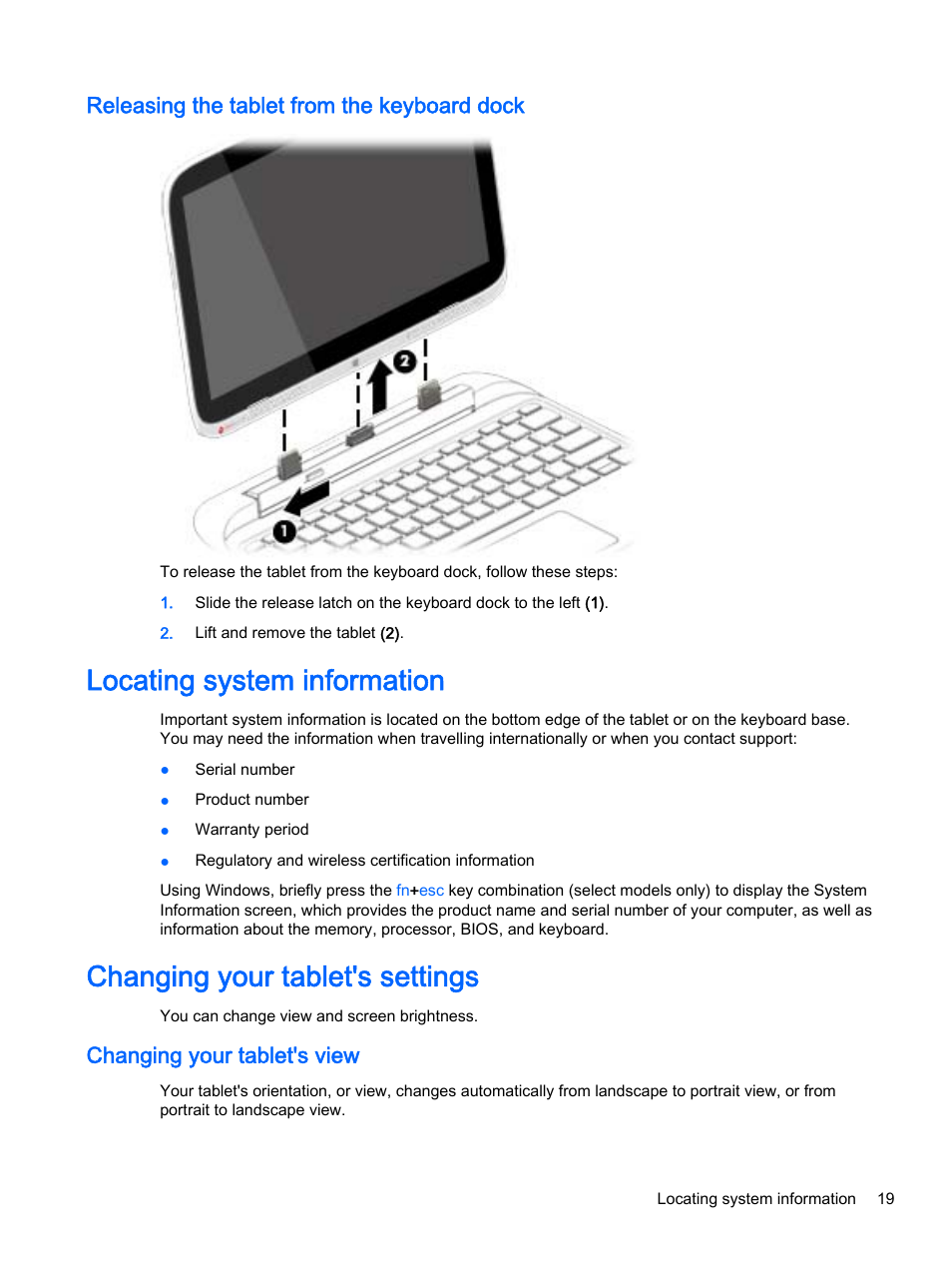 Releasing the tablet from the keyboard dock, Locating system information, Changing your tablet's settings | Changing your tablet's view | HP Pavilion 13-r010dx x2 Detachable PC User Manual | Page 29 / 84