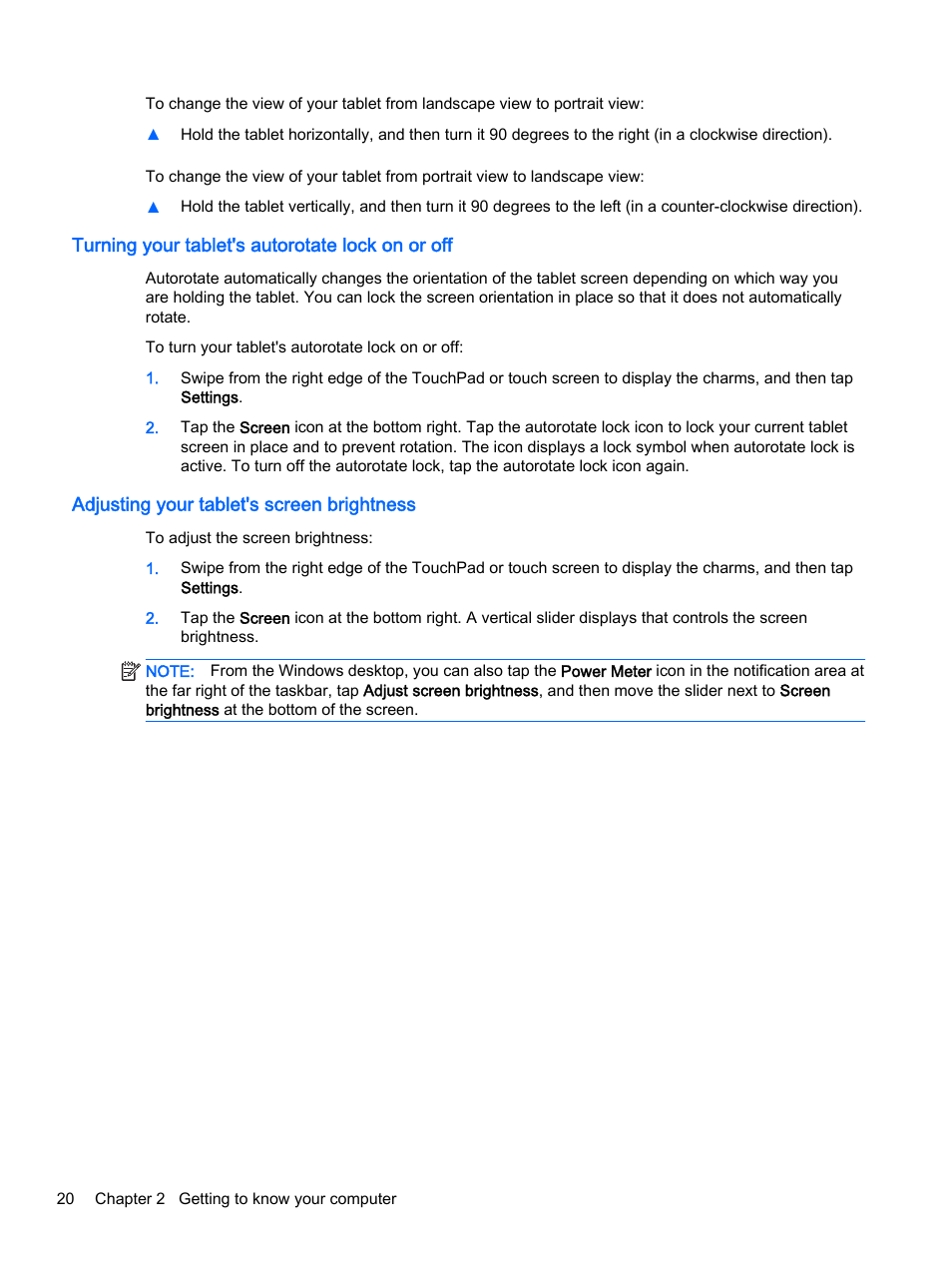 Turning your tablet's autorotate lock on or off, Adjusting your tablet's screen brightness | HP Pavilion 13-r010dx x2 Detachable PC User Manual | Page 30 / 84