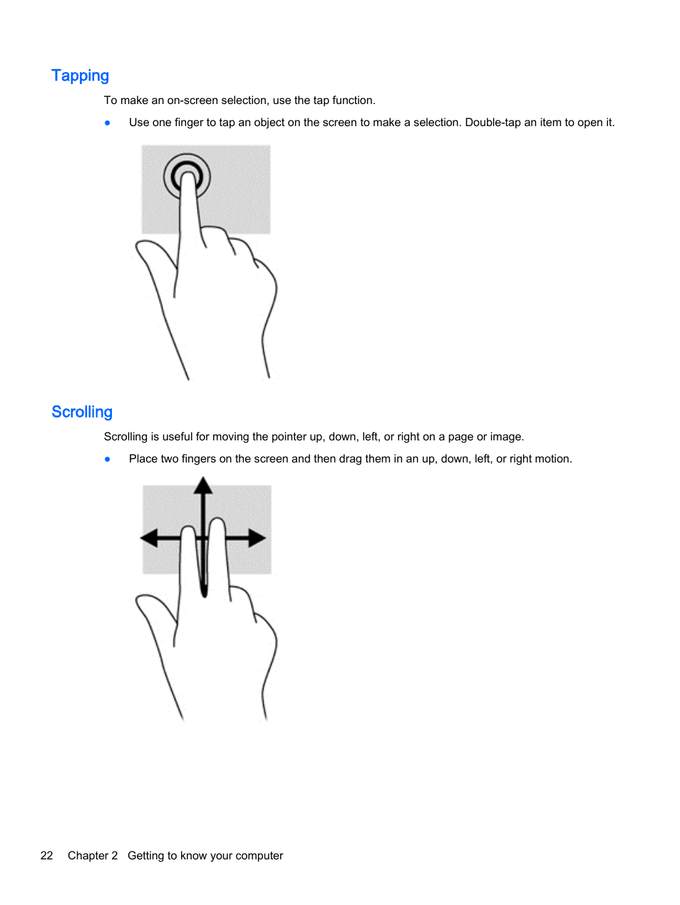 Tapping, Scrolling, Tapping scrolling | HP Pavilion 13-r010dx x2 Detachable PC User Manual | Page 32 / 84