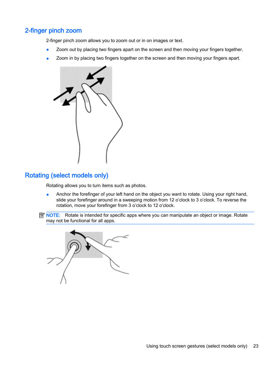 Finger pinch zoom, Rotating (select models only), Finger pinch zoom rotating (select models only) | HP Pavilion 13-r010dx x2 Detachable PC User Manual | Page 33 / 84