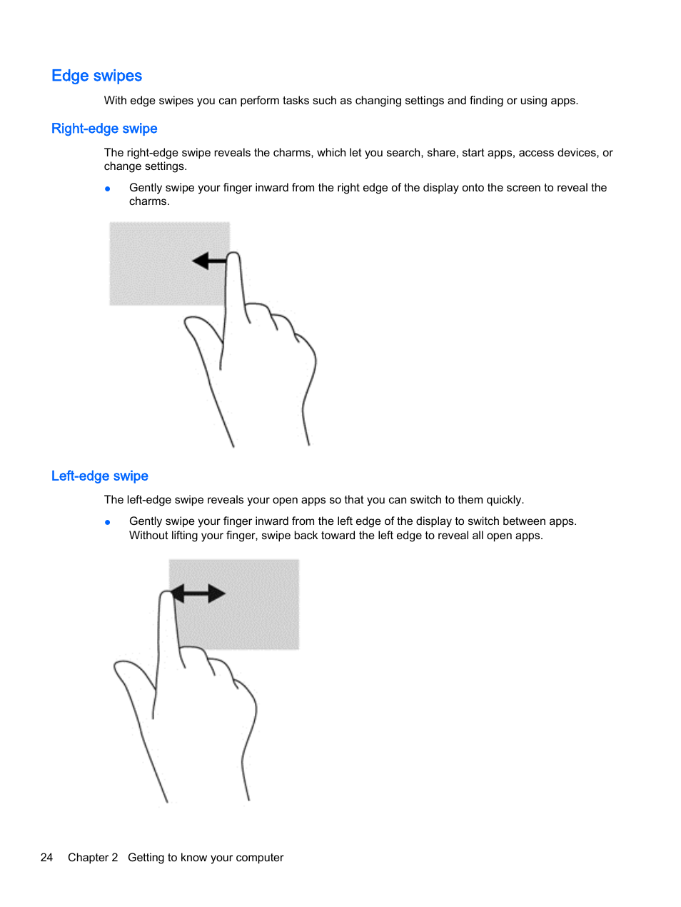 Edge swipes, Right-edge swipe, Left-edge swipe | Right-edge swipe left-edge swipe | HP Pavilion 13-r010dx x2 Detachable PC User Manual | Page 34 / 84