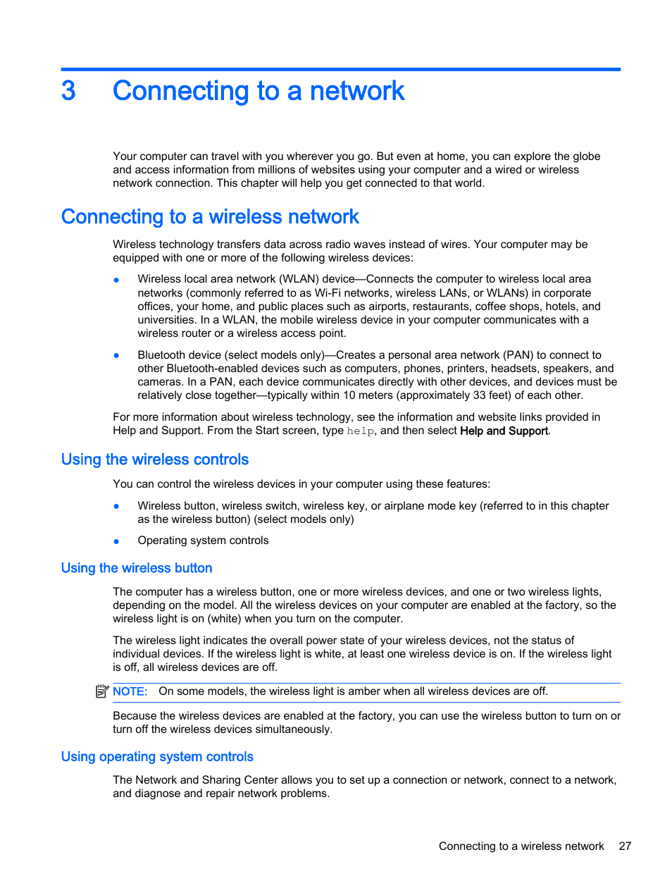 Connecting to a network, Connecting to a wireless network, Using the wireless controls | Using the wireless button, Using operating system controls, 3 connecting to a network, Connecting, 3connecting to a network | HP Pavilion 13-r010dx x2 Detachable PC User Manual | Page 37 / 84