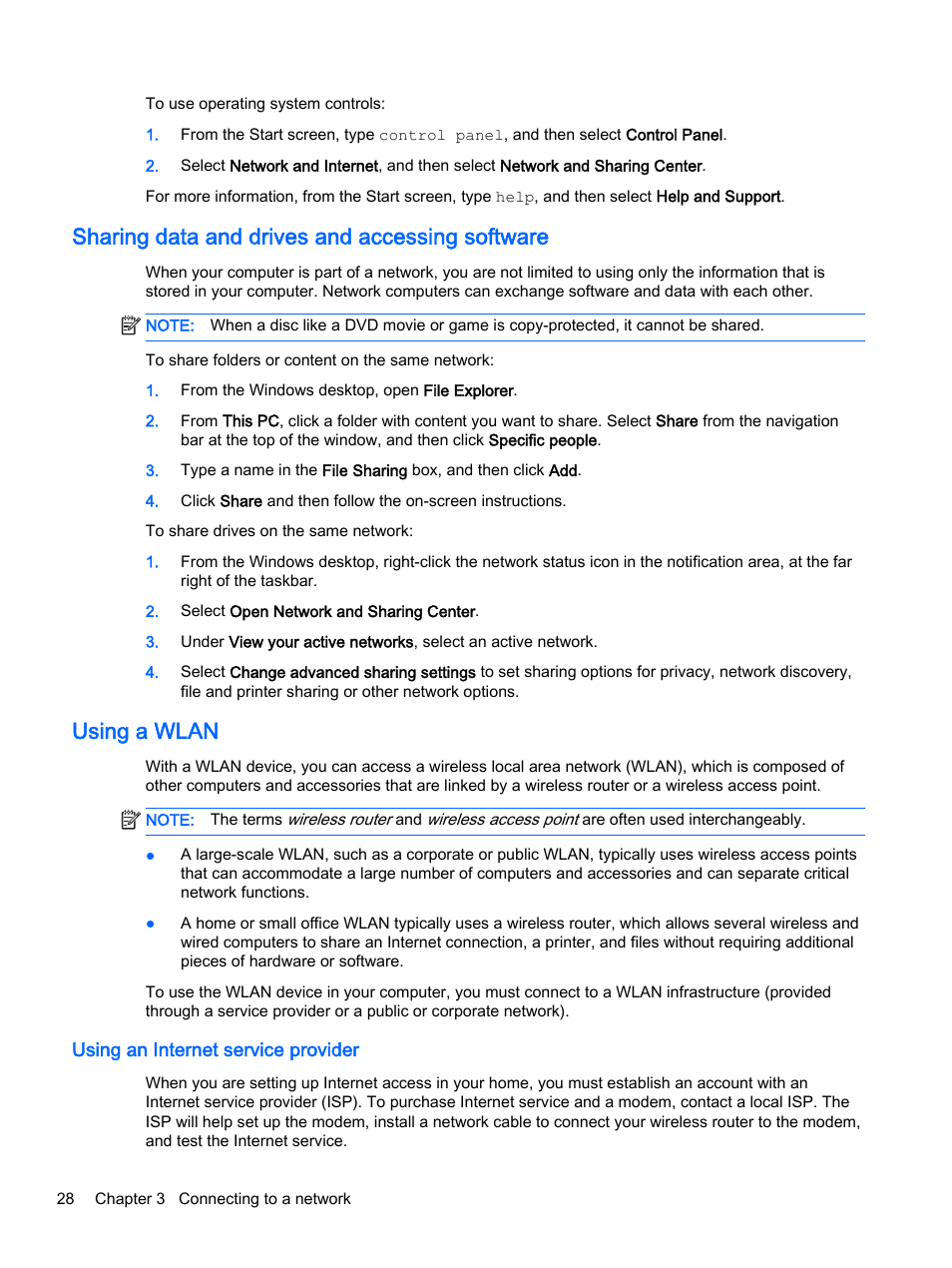 Sharing data and drives and accessing software, Using a wlan, Using an internet service provider | HP Pavilion 13-r010dx x2 Detachable PC User Manual | Page 38 / 84