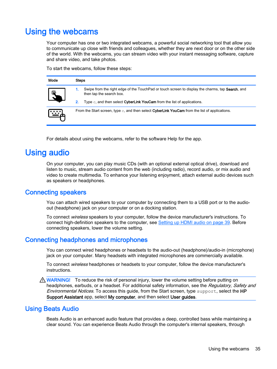 Using the webcams, Using audio, Connecting speakers | Connecting headphones and microphones, Using beats audio, Using the webcams using audio | HP Pavilion 13-r010dx x2 Detachable PC User Manual | Page 45 / 84