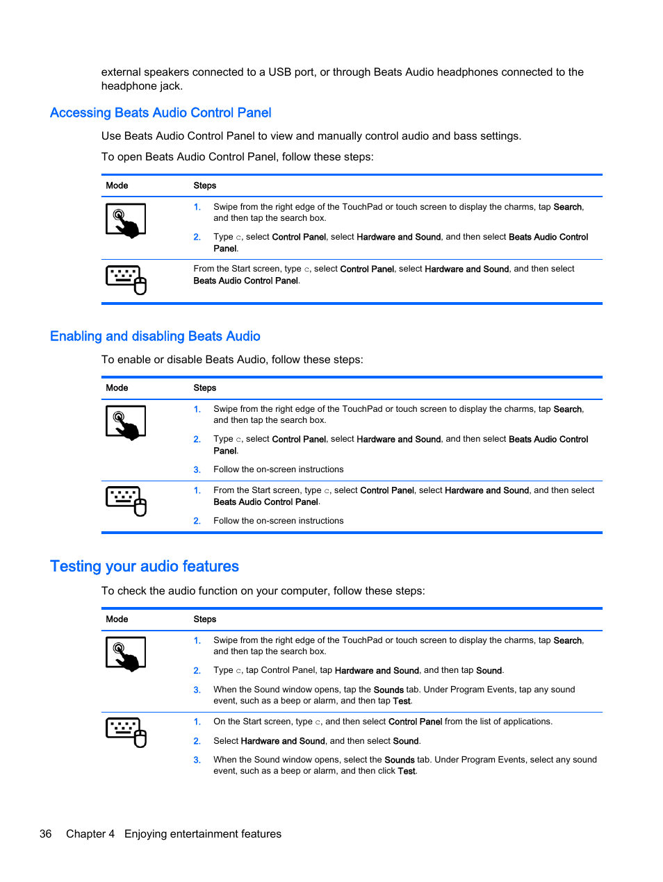 Accessing beats audio control panel, Enabling and disabling beats audio, Testing your audio features | HP Pavilion 13-r010dx x2 Detachable PC User Manual | Page 46 / 84