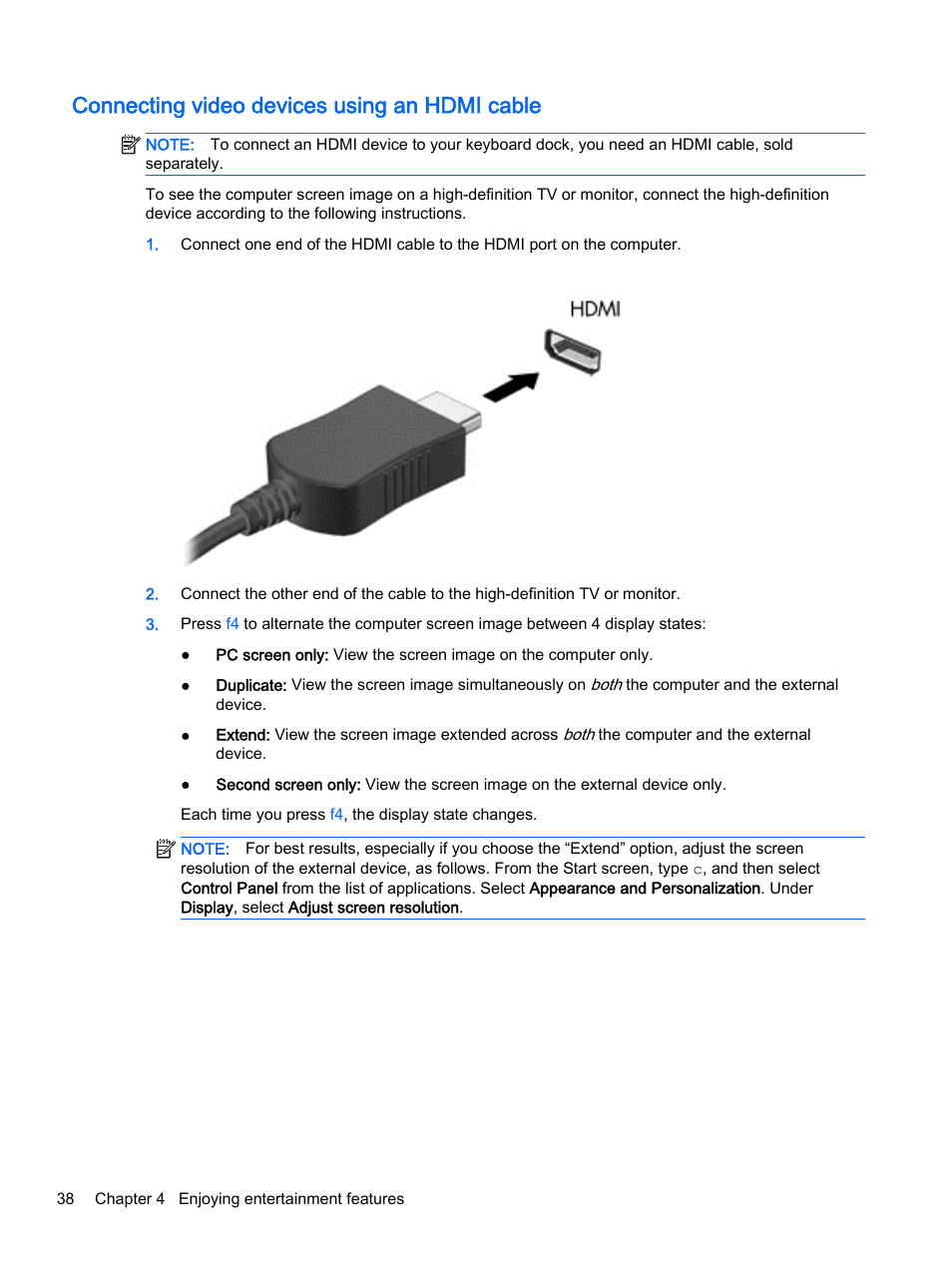 Connecting video devices using an hdmi cable, Connecting | HP Pavilion 13-r010dx x2 Detachable PC User Manual | Page 48 / 84