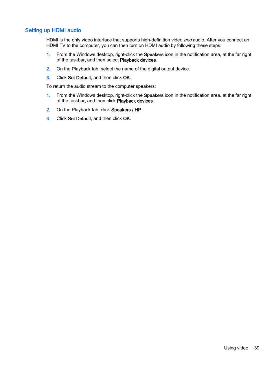 Setting up hdmi audio | HP Pavilion 13-r010dx x2 Detachable PC User Manual | Page 49 / 84