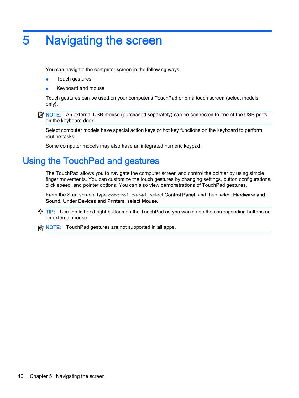 Navigating the screen, Using the touchpad and gestures, 5 navigating the screen | Es of text. see, 5navigating the screen | HP Pavilion 13-r010dx x2 Detachable PC User Manual | Page 50 / 84