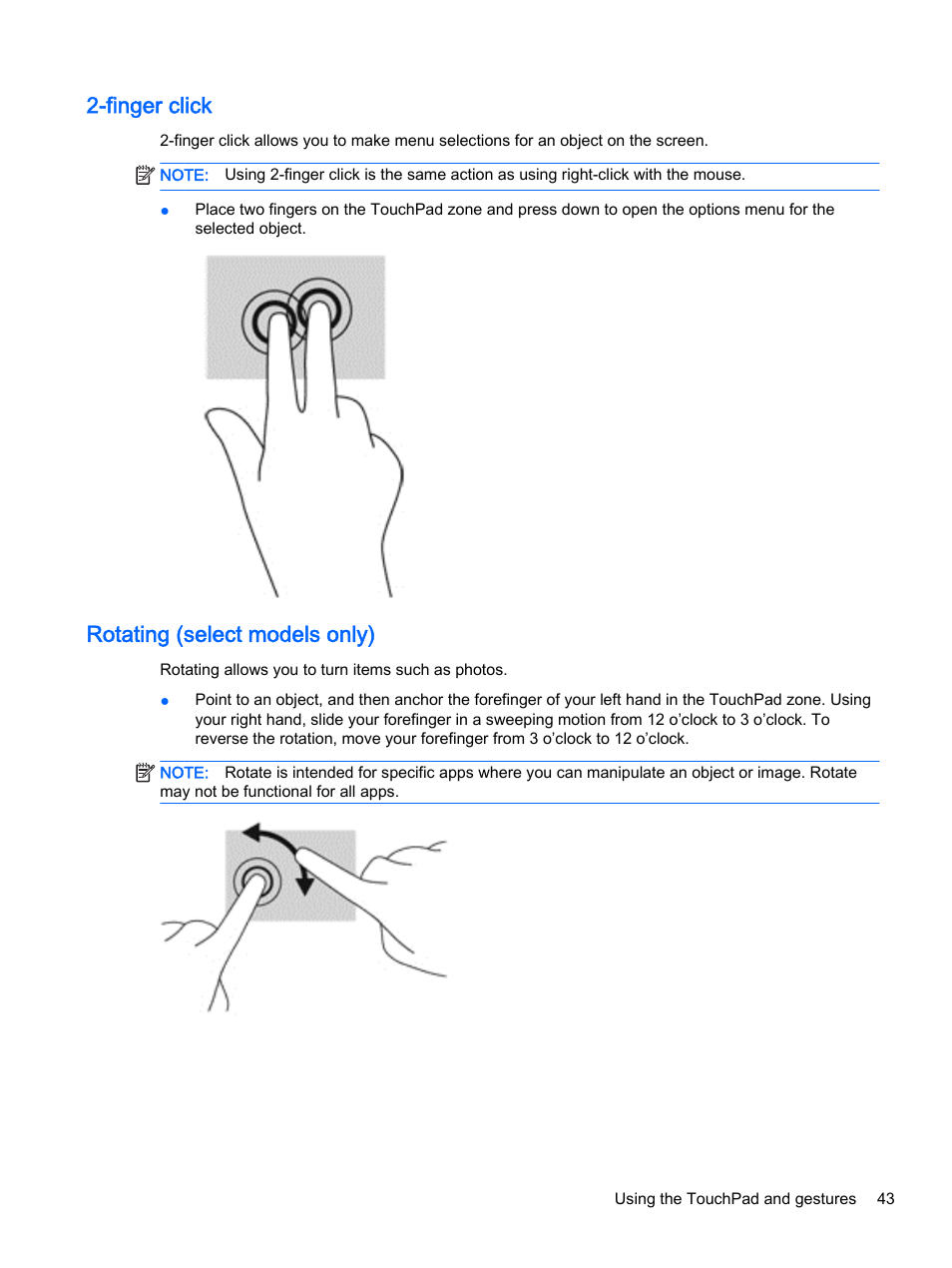 Finger click, Rotating (select models only), Finger click rotating (select models only) | HP Pavilion 13-r010dx x2 Detachable PC User Manual | Page 53 / 84