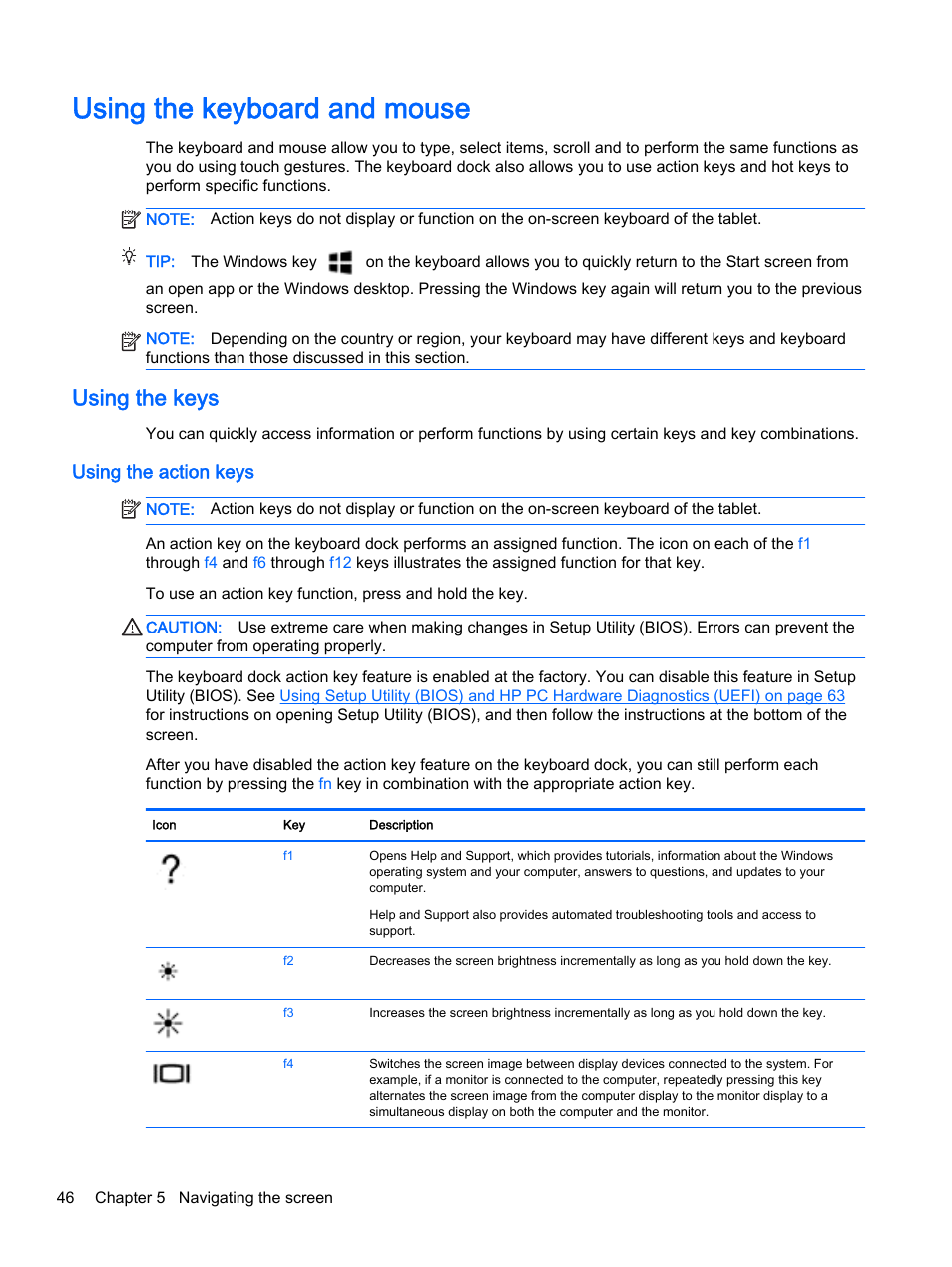 Using the keyboard and mouse, Using the keys, Using the action keys | HP Pavilion 13-r010dx x2 Detachable PC User Manual | Page 56 / 84