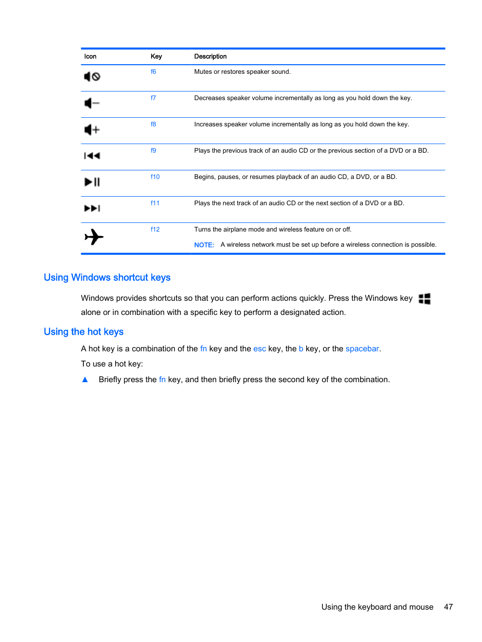 Using windows shortcut keys, Using the hot keys, Using windows shortcut keys using the hot keys | HP Pavilion 13-r010dx x2 Detachable PC User Manual | Page 57 / 84