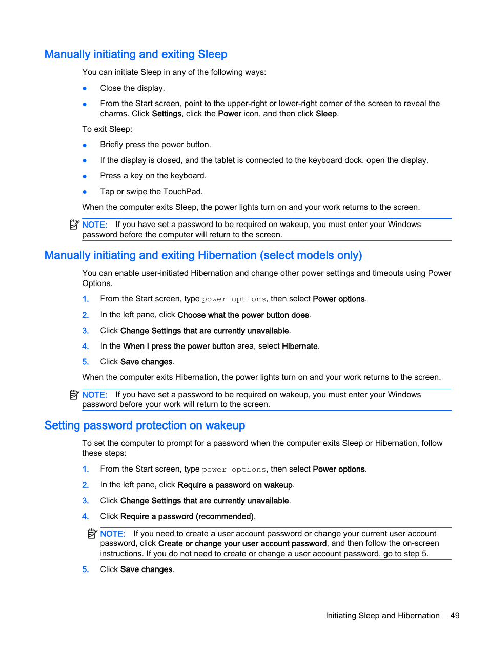 Manually initiating and exiting sleep, Setting password protection on wakeup, Manually | HP Pavilion 13-r010dx x2 Detachable PC User Manual | Page 59 / 84