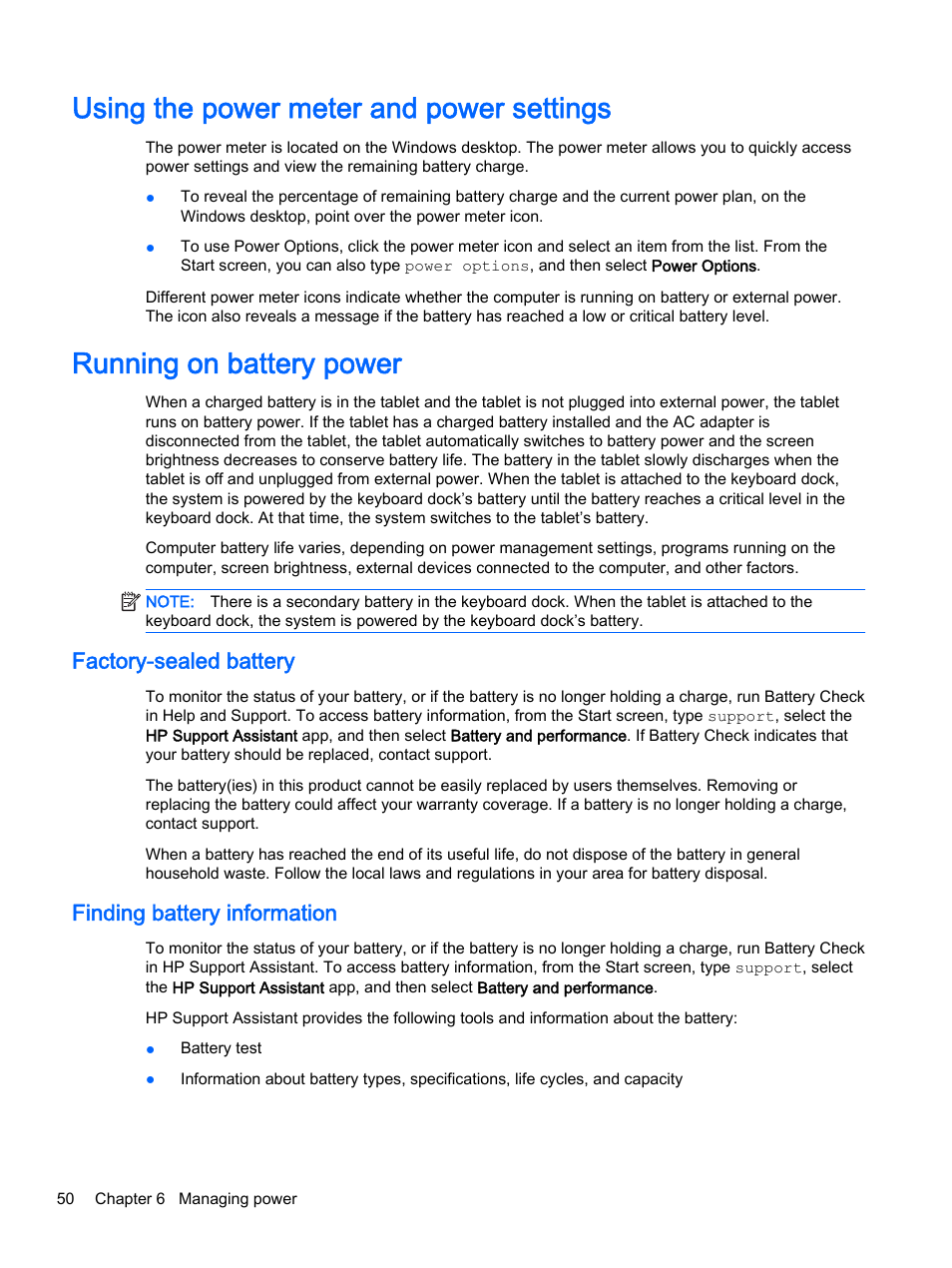 Using the power meter and power settings, Running on battery power, Factory-sealed battery | Finding battery information, Factory-sealed battery finding battery information | HP Pavilion 13-r010dx x2 Detachable PC User Manual | Page 60 / 84