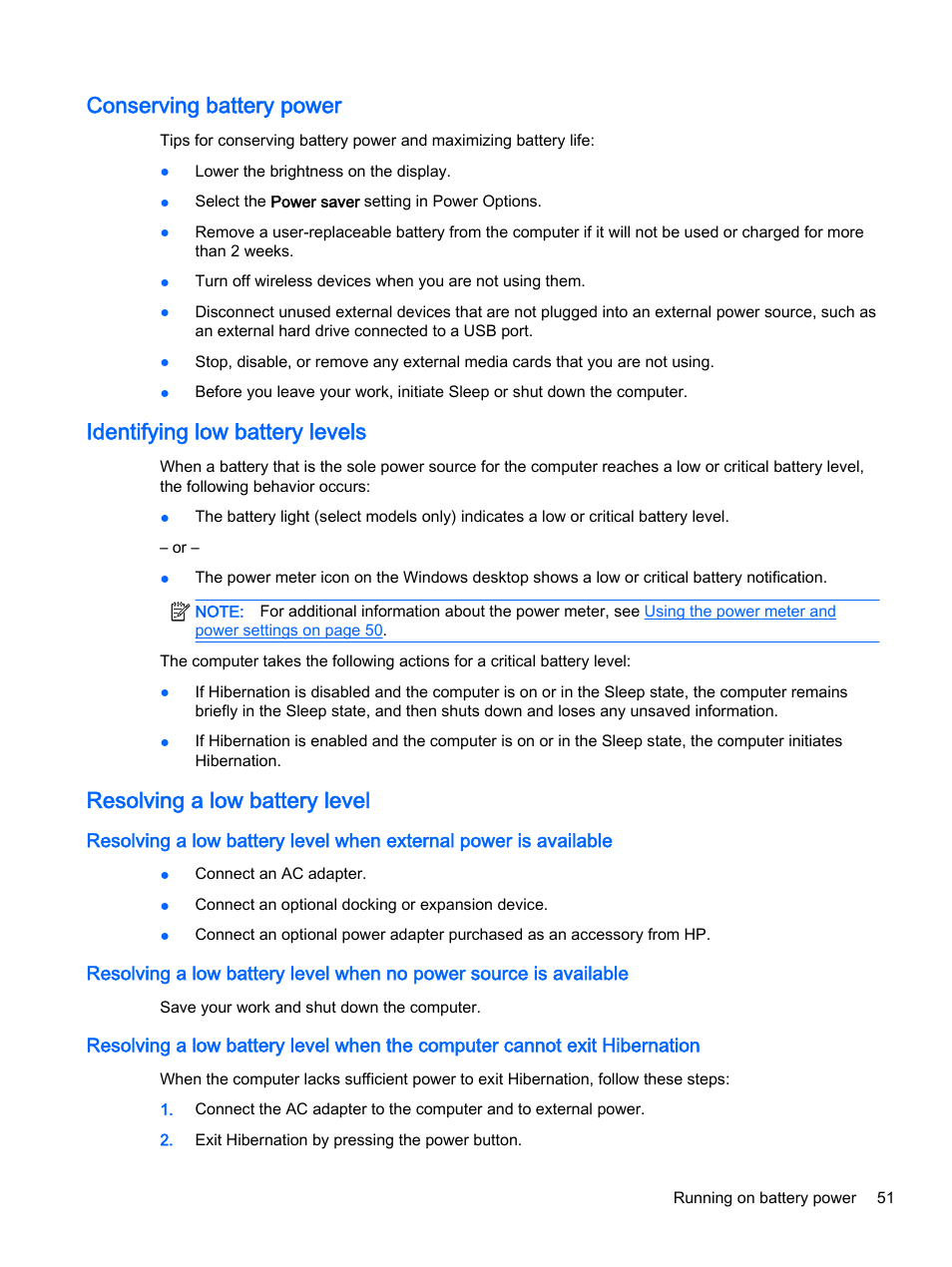 Conserving battery power, Identifying low battery levels, Resolving a low battery level | HP Pavilion 13-r010dx x2 Detachable PC User Manual | Page 61 / 84