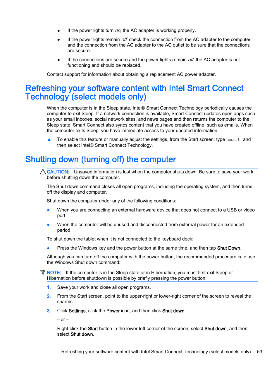 Shutting down (turning off) the computer | HP Pavilion 13-r010dx x2 Detachable PC User Manual | Page 63 / 84