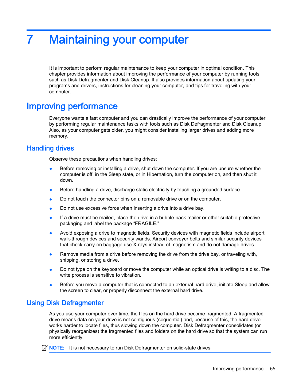 Maintaining your computer, Improving performance, Handling drives | Using disk defragmenter, 7 maintaining your computer, Handling drives using disk defragmenter, 7maintaining your computer | HP Pavilion 13-r010dx x2 Detachable PC User Manual | Page 65 / 84