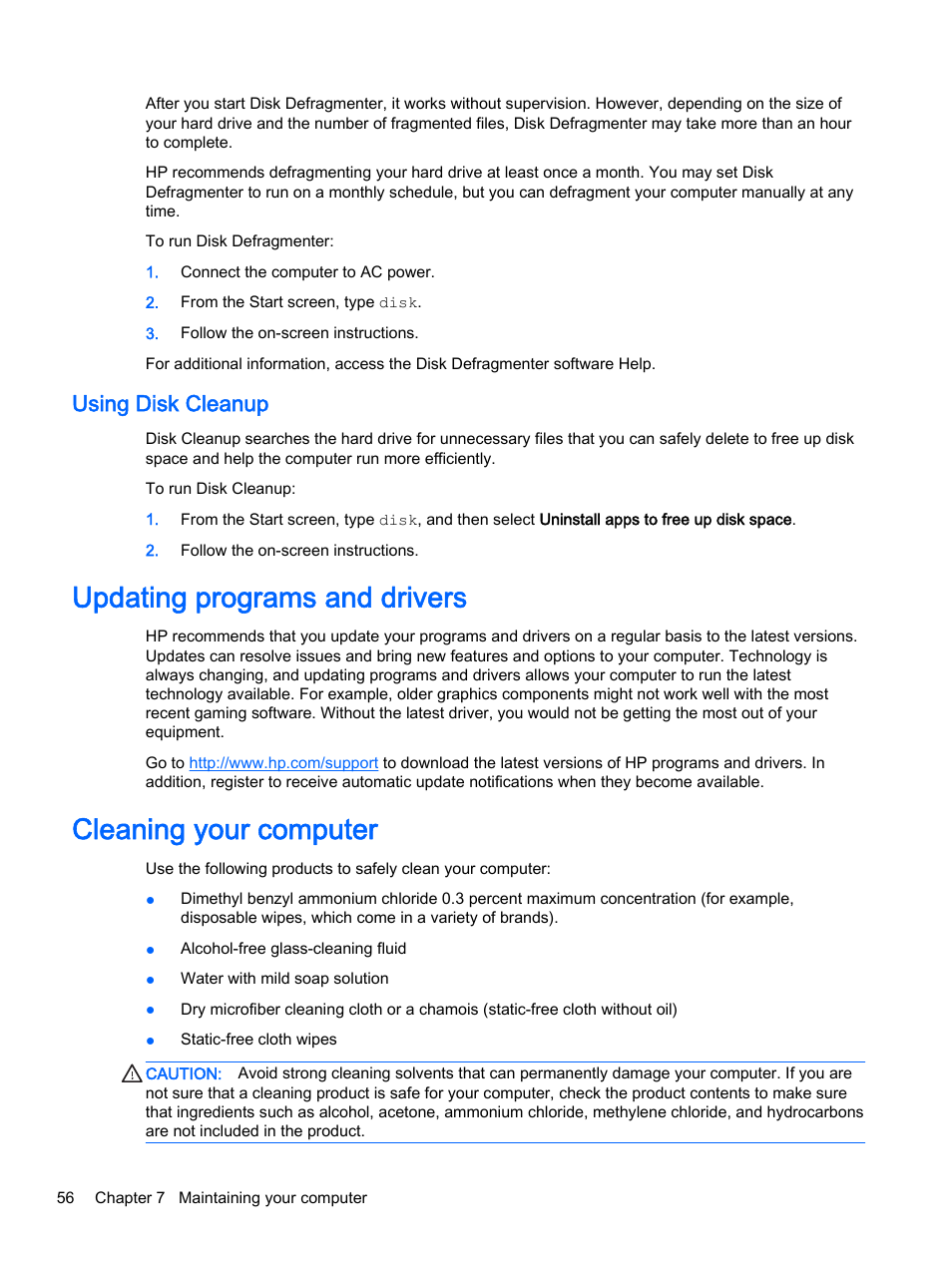 Using disk cleanup, Updating programs and drivers, Cleaning your computer | HP Pavilion 13-r010dx x2 Detachable PC User Manual | Page 66 / 84