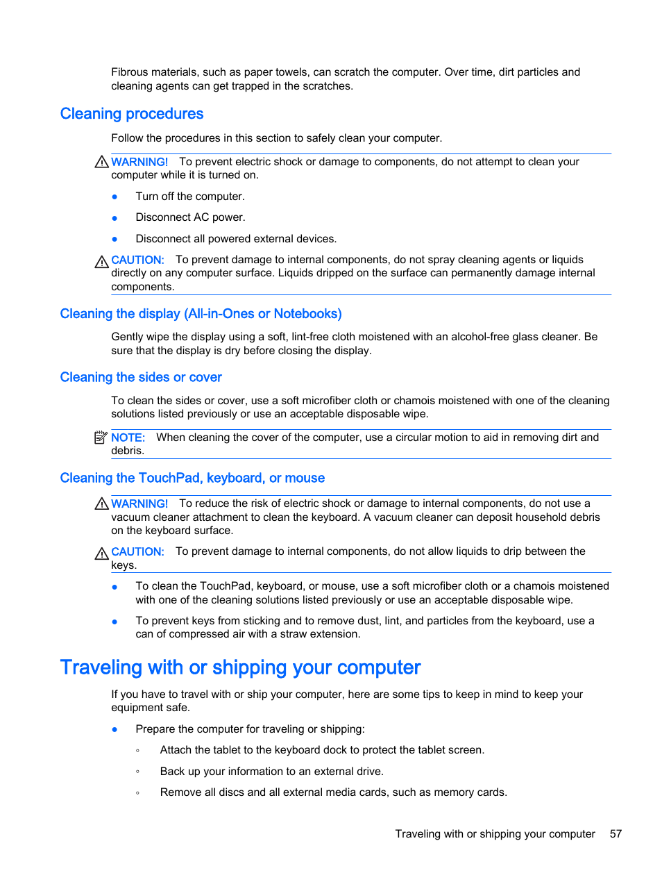 Cleaning procedures, Cleaning the display (all-in-ones or notebooks), Cleaning the sides or cover | Cleaning the touchpad, keyboard, or mouse, Traveling with or shipping your computer | HP Pavilion 13-r010dx x2 Detachable PC User Manual | Page 67 / 84