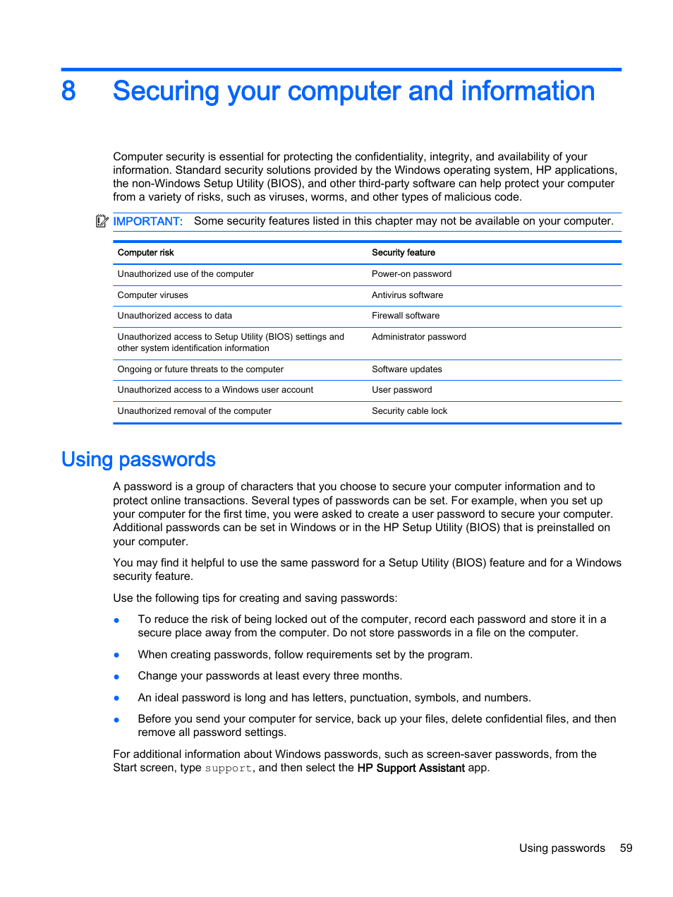 Securing your computer and information, Using passwords, 8 securing your computer and information | 8securing your computer and information | HP Pavilion 13-r010dx x2 Detachable PC User Manual | Page 69 / 84