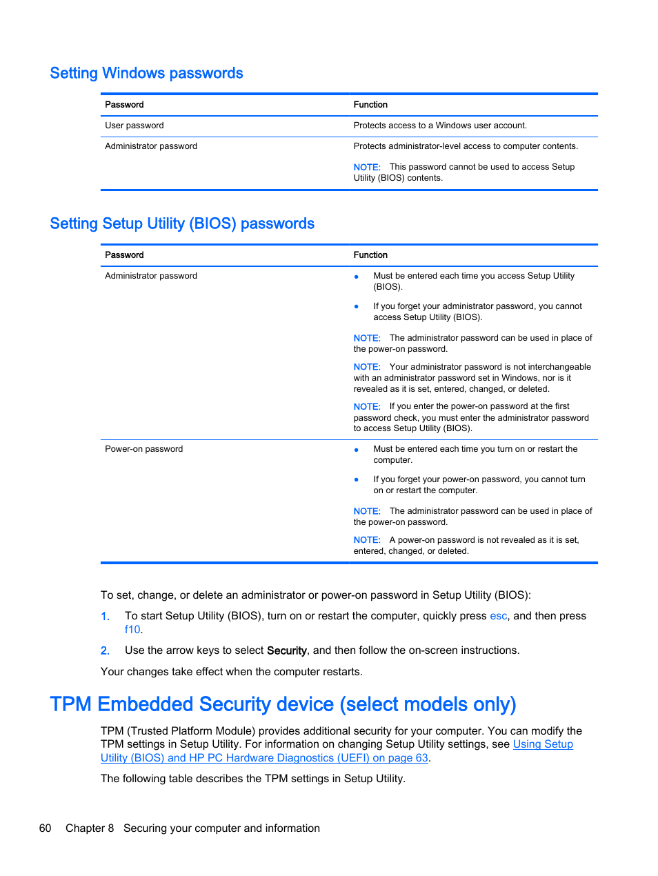 Setting windows passwords, Setting setup utility (bios) passwords, Tpm embedded security device (select models only) | HP Pavilion 13-r010dx x2 Detachable PC User Manual | Page 70 / 84