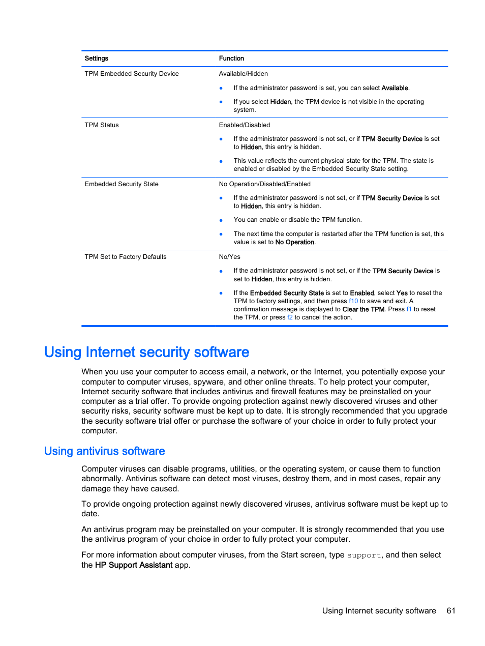 Using internet security software, Using antivirus software | HP Pavilion 13-r010dx x2 Detachable PC User Manual | Page 71 / 84