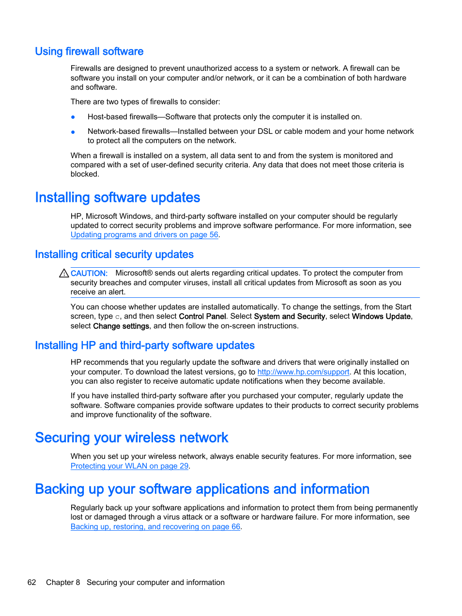 Using firewall software, Installing software updates, Installing critical security updates | Installing hp and third-party software updates, Securing your wireless network | HP Pavilion 13-r010dx x2 Detachable PC User Manual | Page 72 / 84