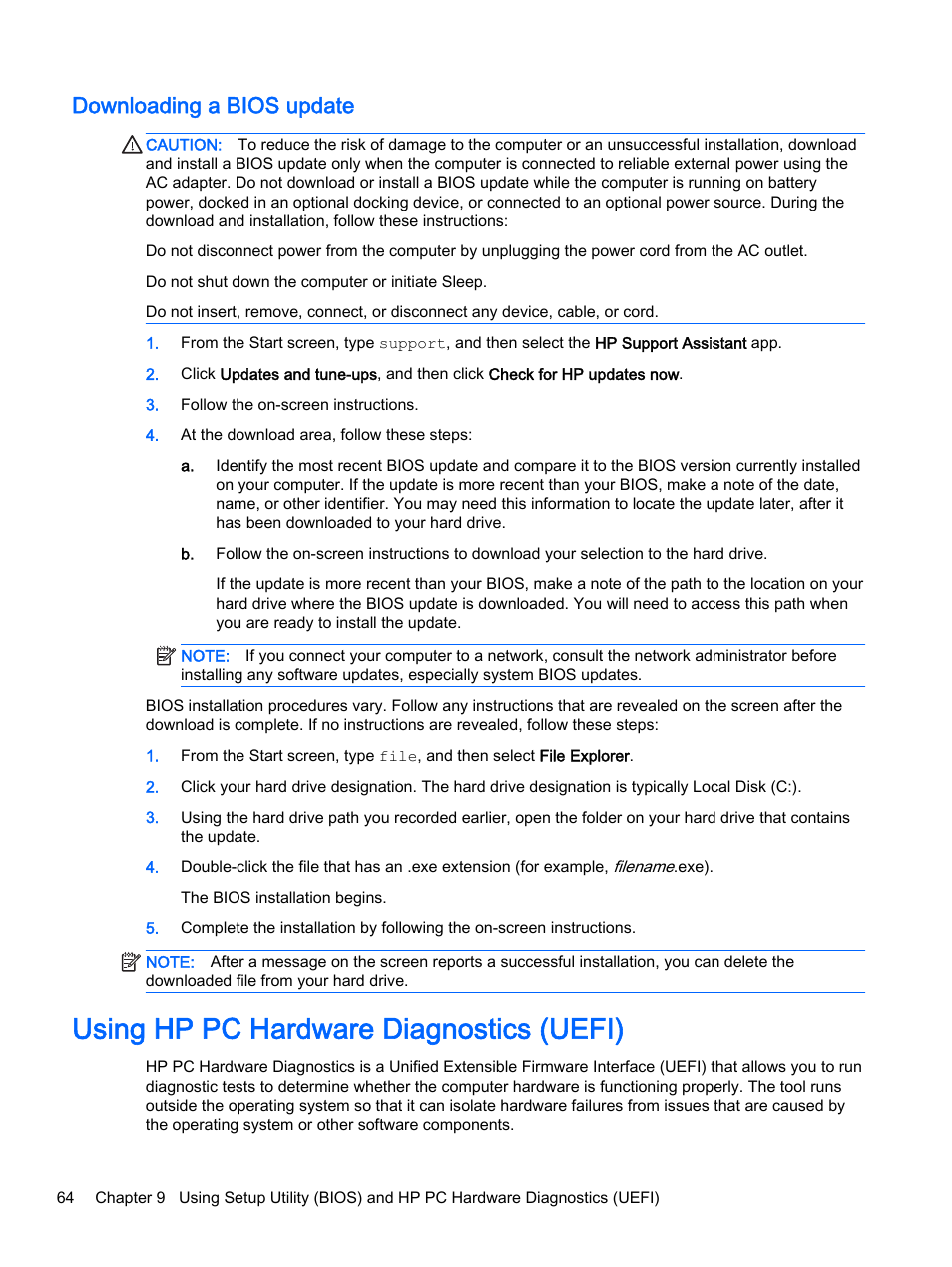 Downloading a bios update, Using hp pc hardware diagnostics (uefi) | HP Pavilion 13-r010dx x2 Detachable PC User Manual | Page 74 / 84