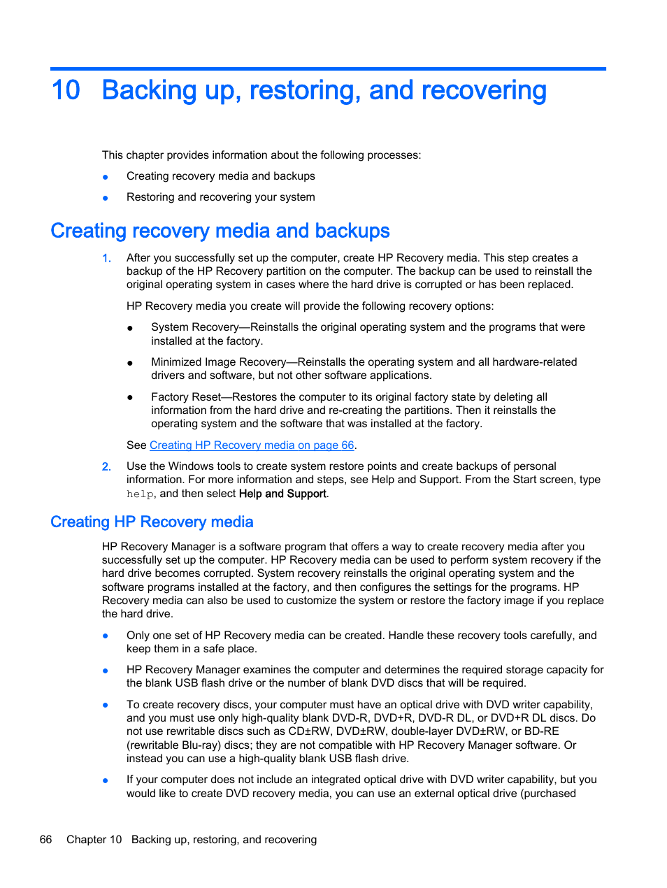 Backing up, restoring, and recovering, Creating recovery media and backups, Creating hp recovery media | 10 backing up, restoring, and recovering, Backing up | HP Pavilion 13-r010dx x2 Detachable PC User Manual | Page 76 / 84