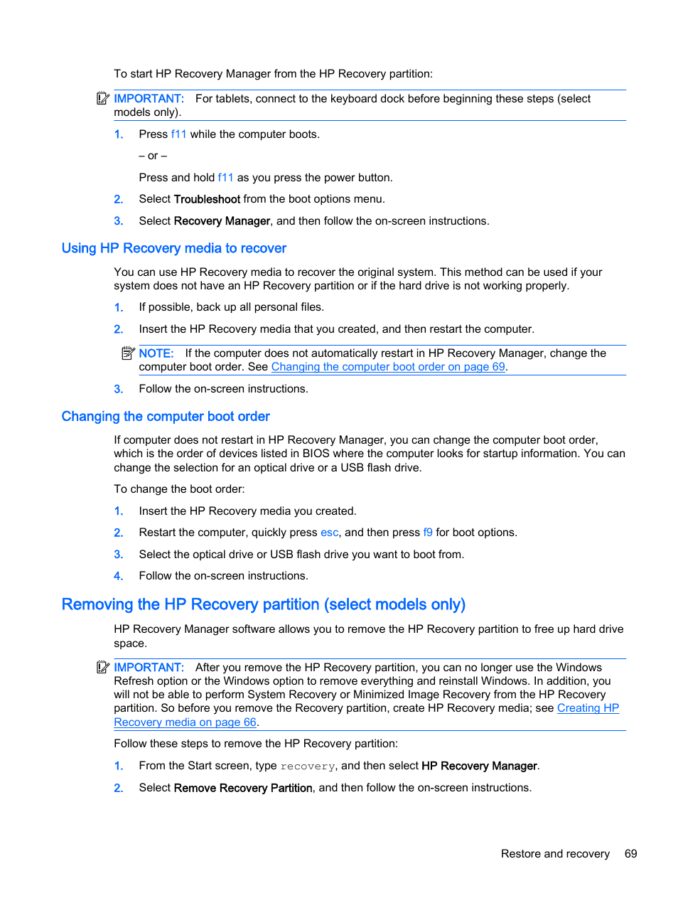Using hp recovery media to recover, Changing the computer boot order | HP Pavilion 13-r010dx x2 Detachable PC User Manual | Page 79 / 84