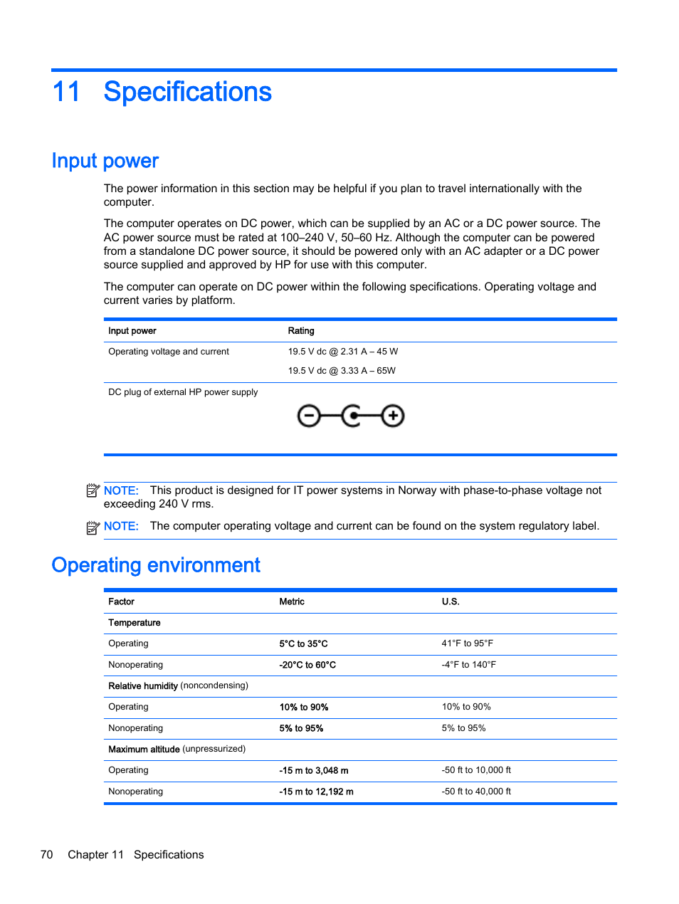 Specifications, Input power, Operating environment | 11 specifications, Input power operating environment | HP Pavilion 13-r010dx x2 Detachable PC User Manual | Page 80 / 84