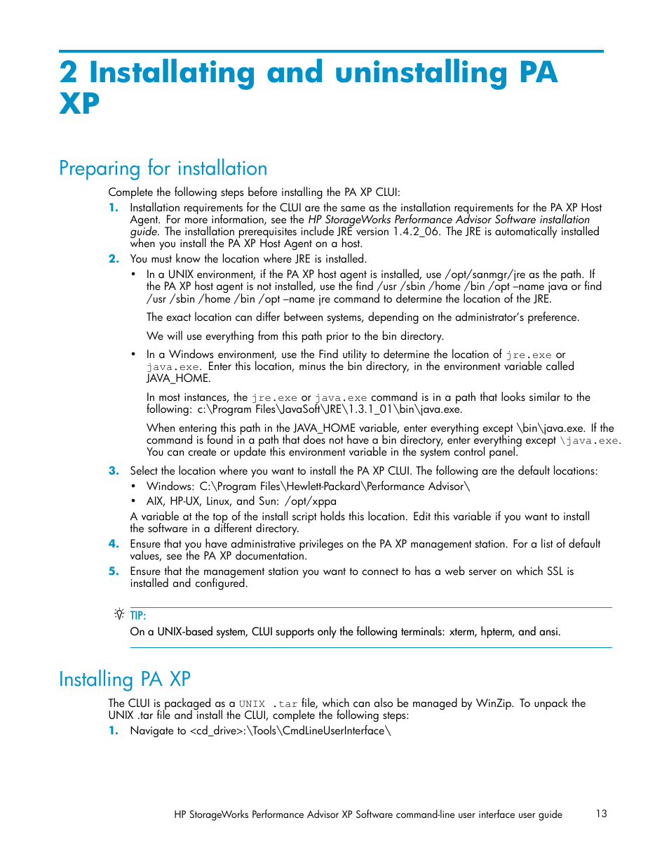 2 installating and uninstalling pa xp, Preparing for installation, Installing pa xp | HP XP Performance Advisor Software User Manual | Page 13 / 97