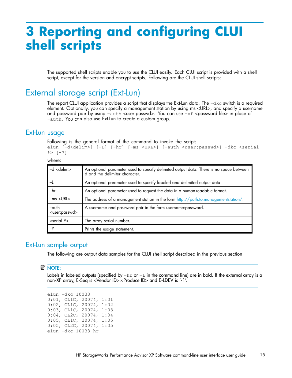 3 reporting and configuring clui shell scripts, External storage script (ext-lun), Ext-lun usage | Ext-lun sample output | HP XP Performance Advisor Software User Manual | Page 15 / 97